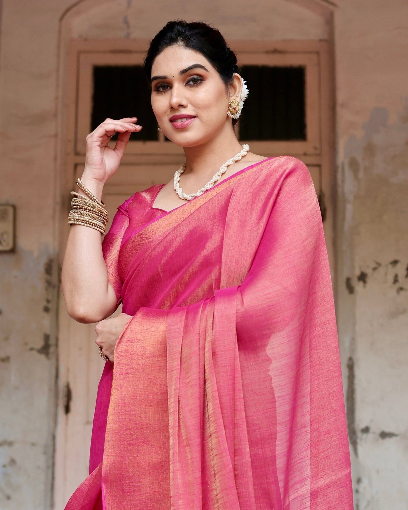 Pure Linen Saree Weaved With Zari Comes With Tassels - Almaari Fashion