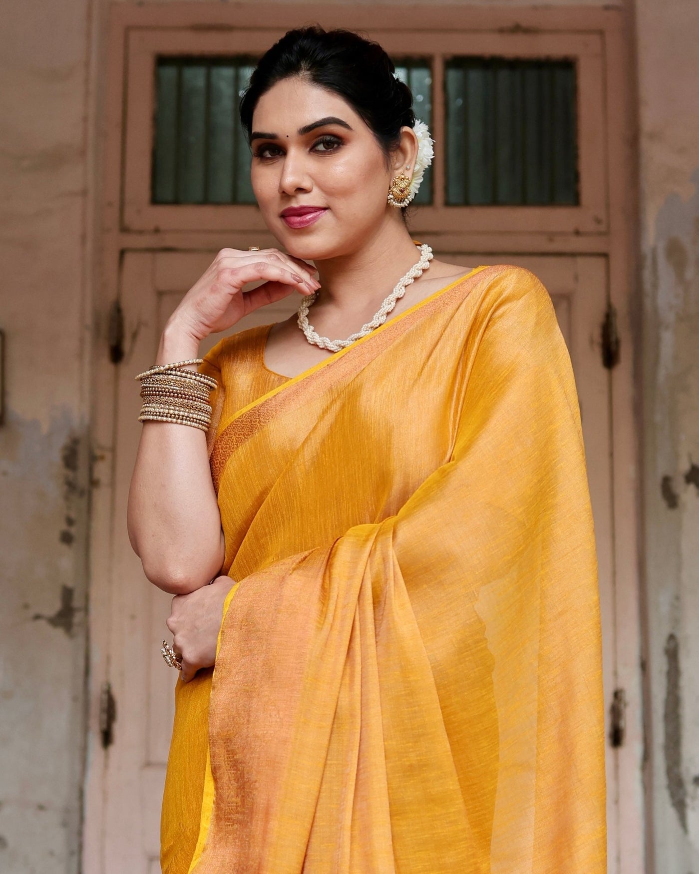 Pure Linen Saree Weaved With Zari Comes With Tassels - Almaari Fashion