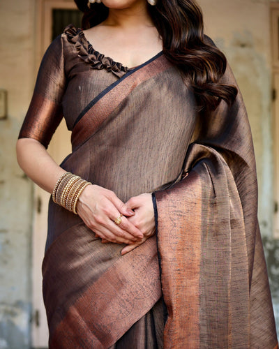 Pure Linen Saree Weaved With Zari Comes With Tassels - Almaari Fashion