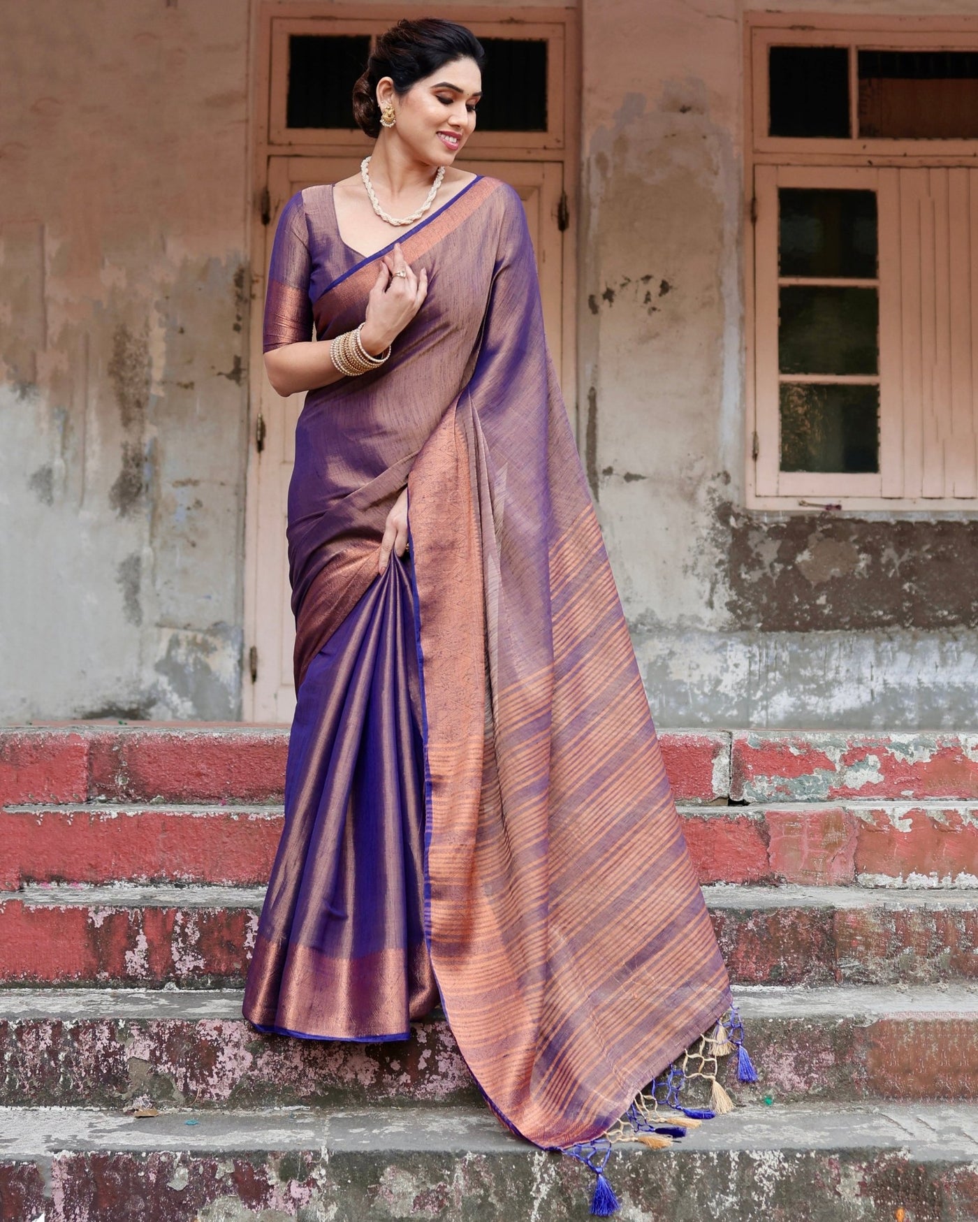 Pure Linen Saree Weaved With Zari Comes With Tassels - Almaari Fashion