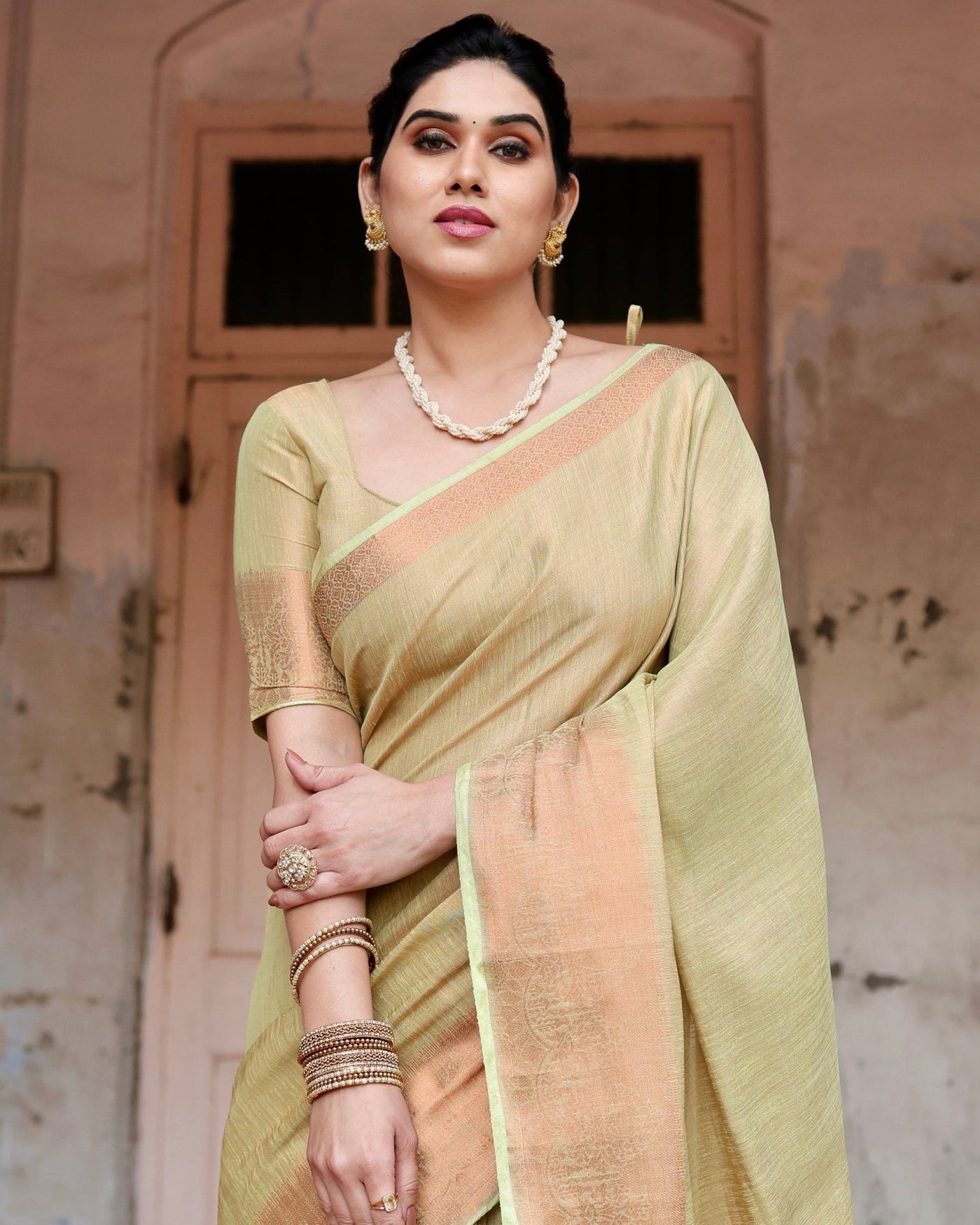 Pure Linen Saree Weaved With Zari Comes With Tassels - Almaari Fashion