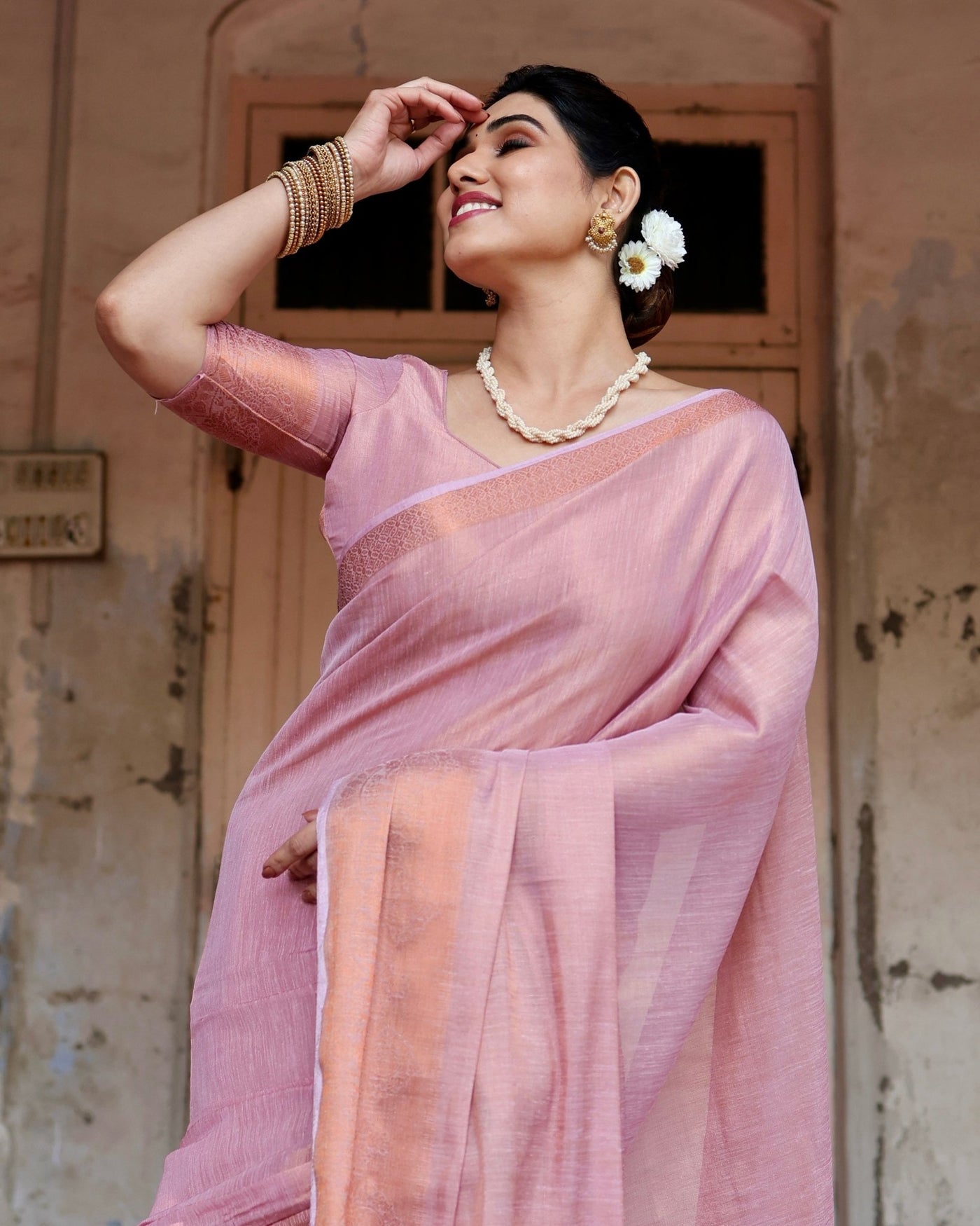 Pure Linen Saree Weaved With Zari Comes With Tassels - Almaari Fashion