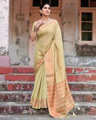 Pure Linen Saree Weaved With Zari Comes With Tassels - Almaari Fashion