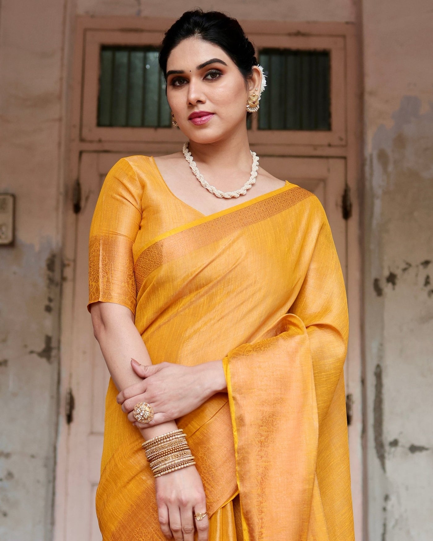 Pure Linen Saree Weaved With Zari Comes With Tassels - Almaari Fashion