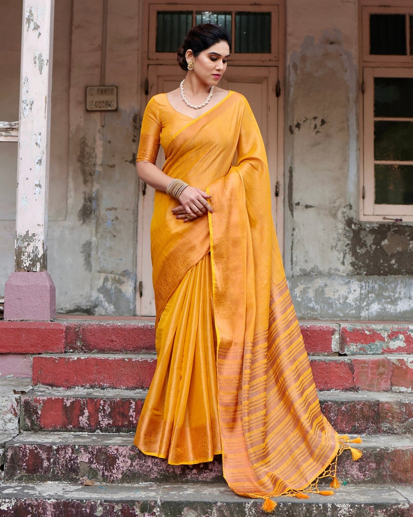 Pure Linen Saree Weaved With Zari Comes With Tassels - Almaari Fashion