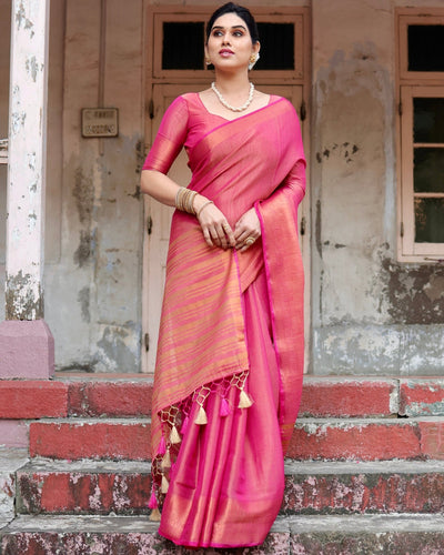 Pure Linen Saree Weaved With Zari Comes With Tassels - Almaari Fashion