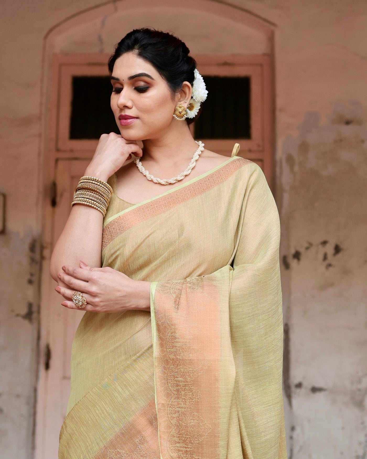 Pure Linen Saree Weaved With Zari Comes With Tassels - Almaari Fashion