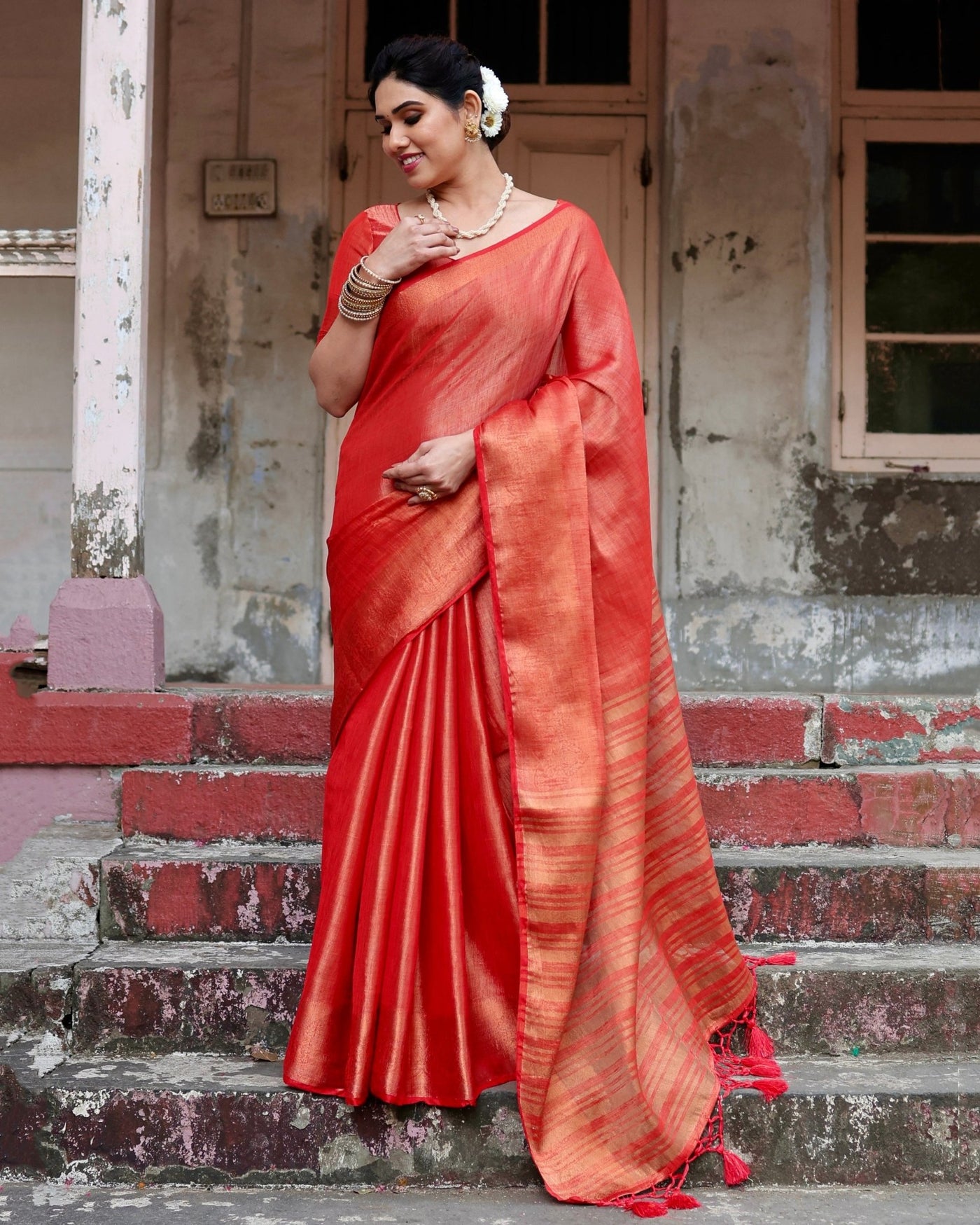 Pure Linen Saree Weaved With Zari Comes With Tassels - Almaari Fashion