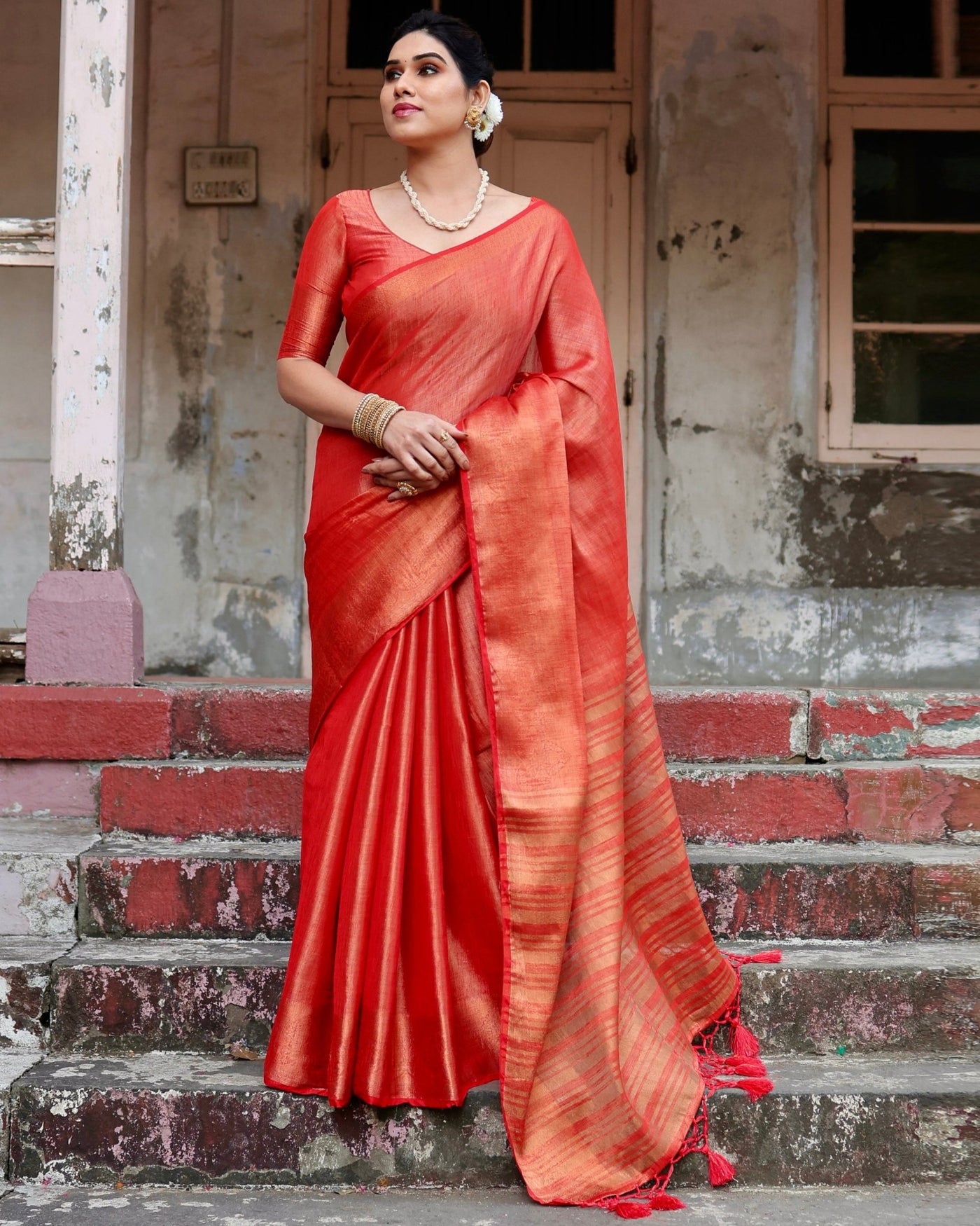 Pure Linen Saree Weaved With Zari Comes With Tassels - Almaari Fashion