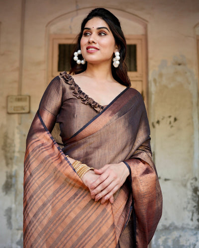 Pure Linen Saree Weaved With Zari Comes With Tassels - Almaari Fashion