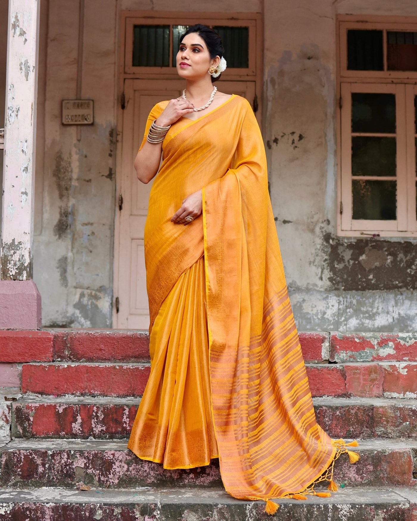 Pure Linen Saree Weaved With Zari Comes With Tassels - Almaari Fashion