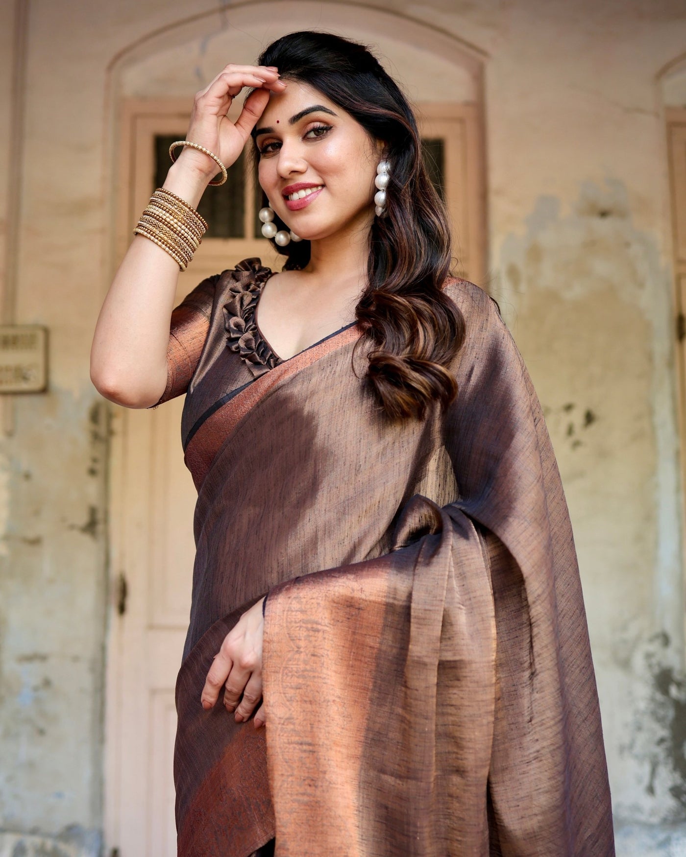 Pure Linen Saree Weaved With Zari Comes With Tassels - Almaari Fashion