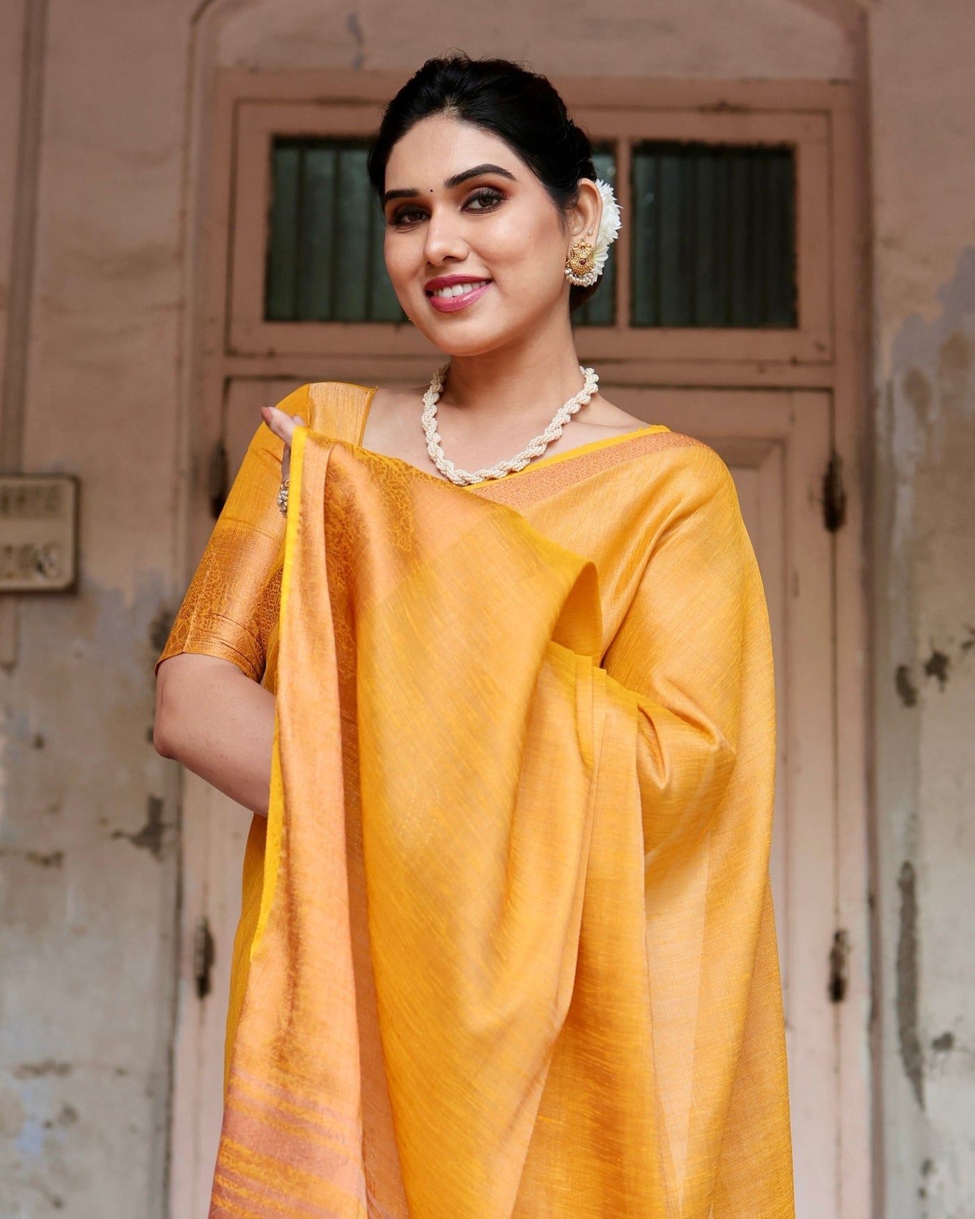 Pure Linen Saree Weaved With Zari Comes With Tassels - Almaari Fashion