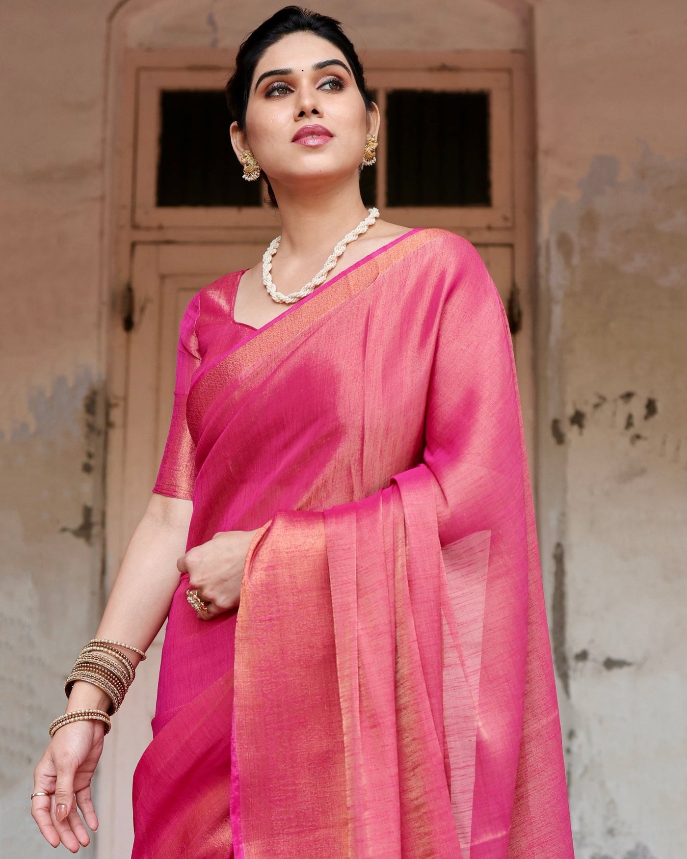 Pure Linen Saree Weaved With Zari Comes With Tassels - Almaari Fashion