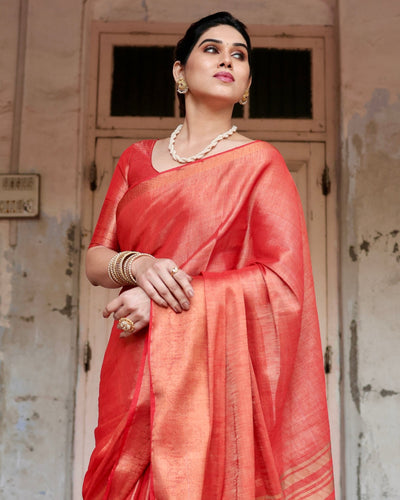 Pure Linen Saree Weaved With Zari Comes With Tassels - Almaari Fashion