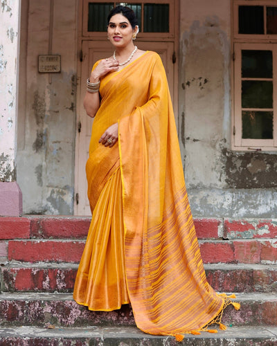 Pure Linen Saree Weaved With Zari Comes With Tassels - Almaari Fashion