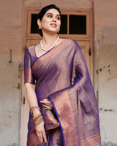 Pure Linen Saree Weaved With Zari Comes With Tassels - Almaari Fashion