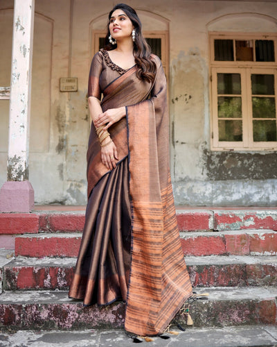 Pure Linen Saree Weaved With Zari Comes With Tassels - Almaari Fashion