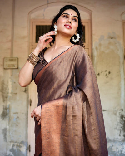 Pure Linen Saree Weaved With Zari Comes With Tassels - Almaari Fashion