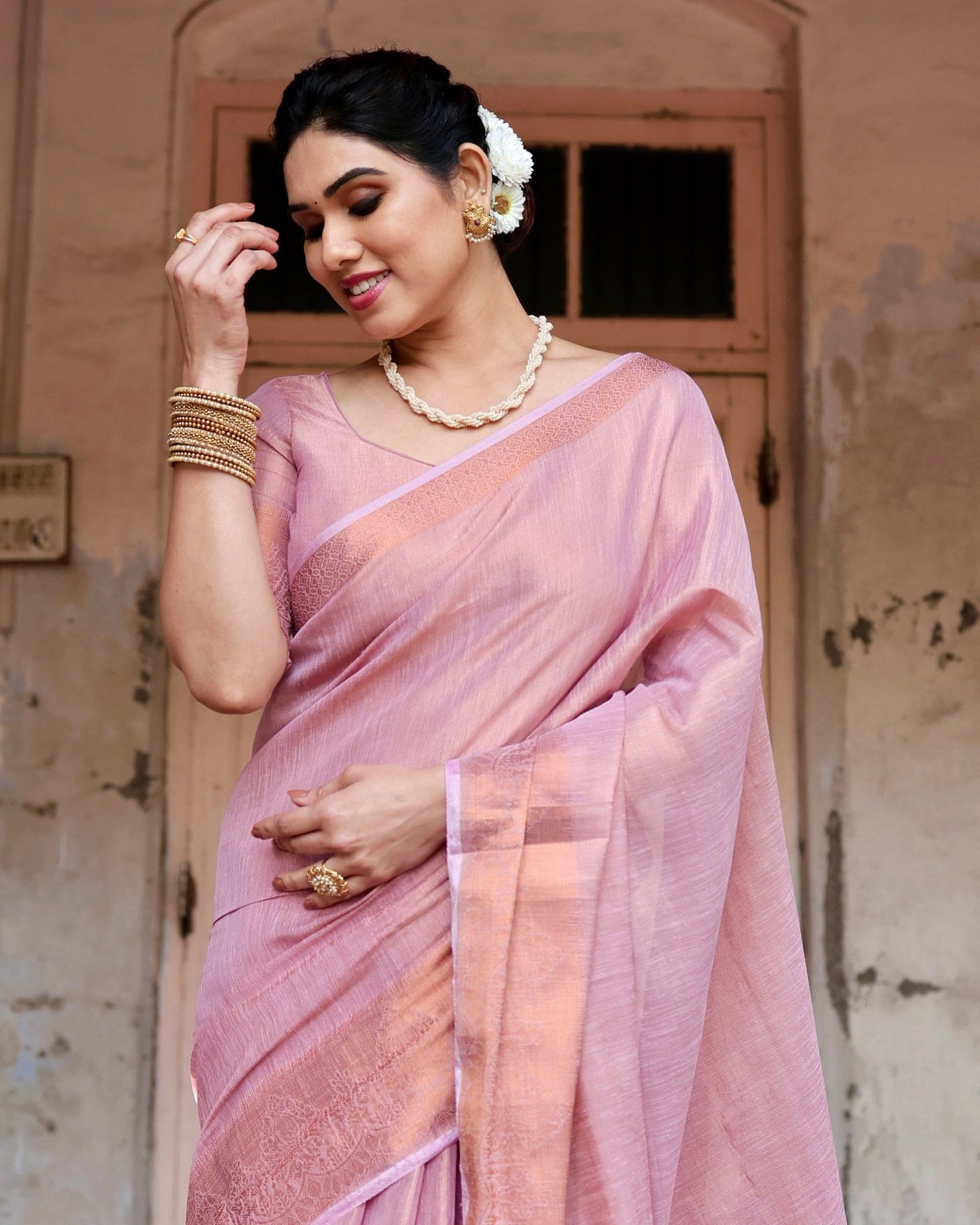 Pure Linen Saree Weaved With Zari Comes With Tassels - Almaari Fashion