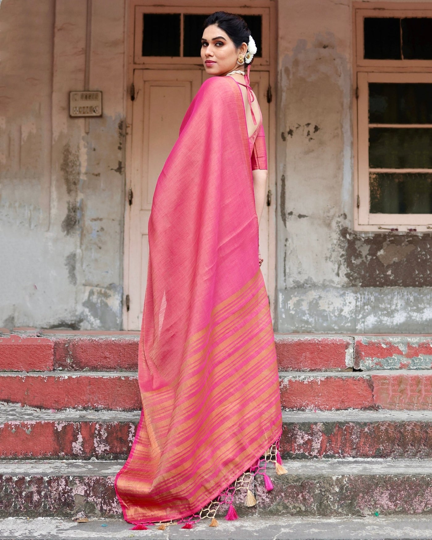 Pure Linen Saree Weaved With Zari Comes With Tassels - Almaari Fashion