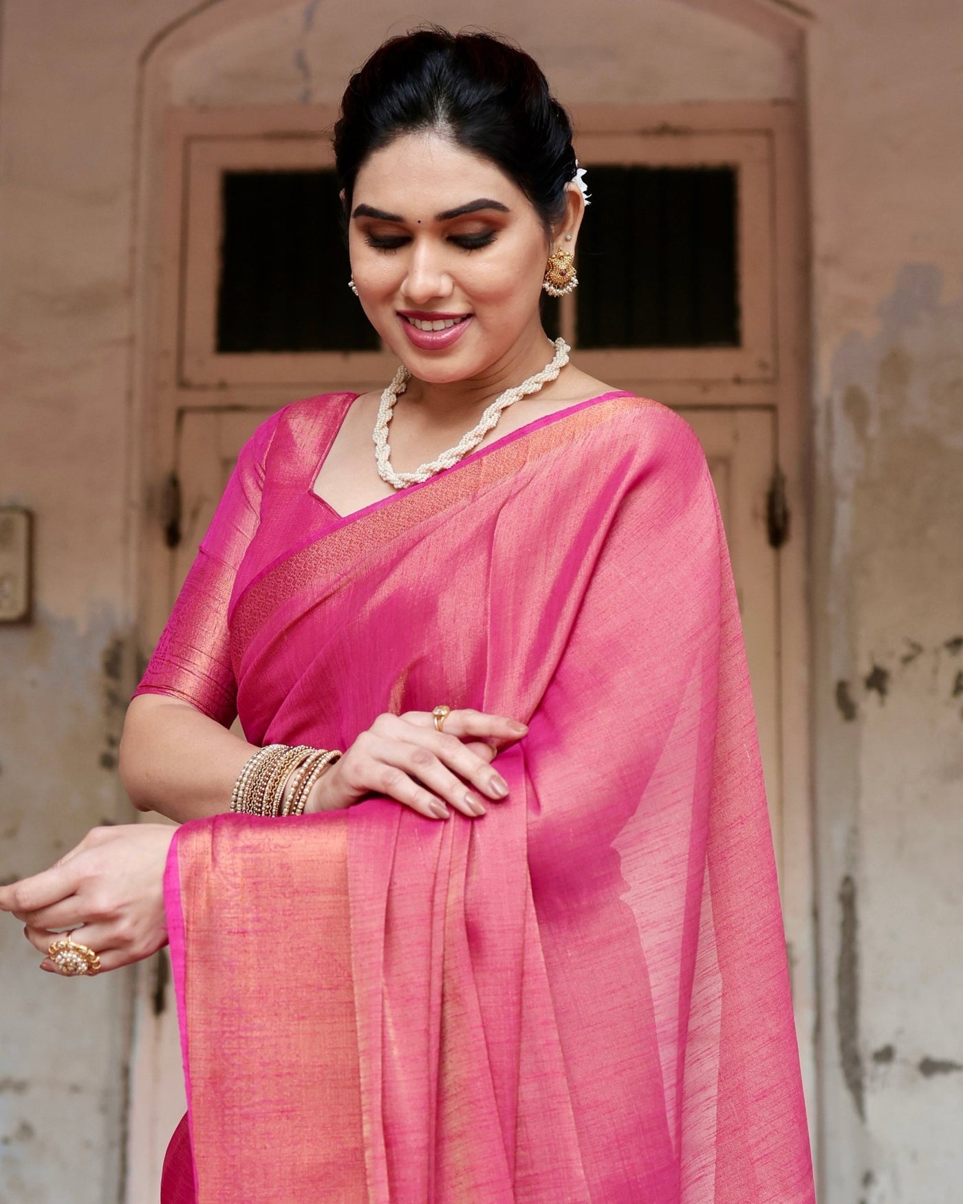 Pure Linen Saree Weaved With Zari Comes With Tassels - Almaari Fashion