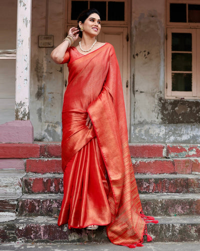 Pure Linen Saree Weaved With Zari Comes With Tassels - Almaari Fashion