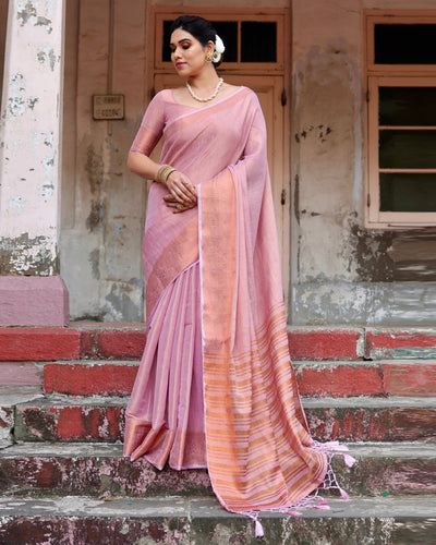 Pure Linen Saree Weaved With Zari Comes With Tassels - Almaari Fashion