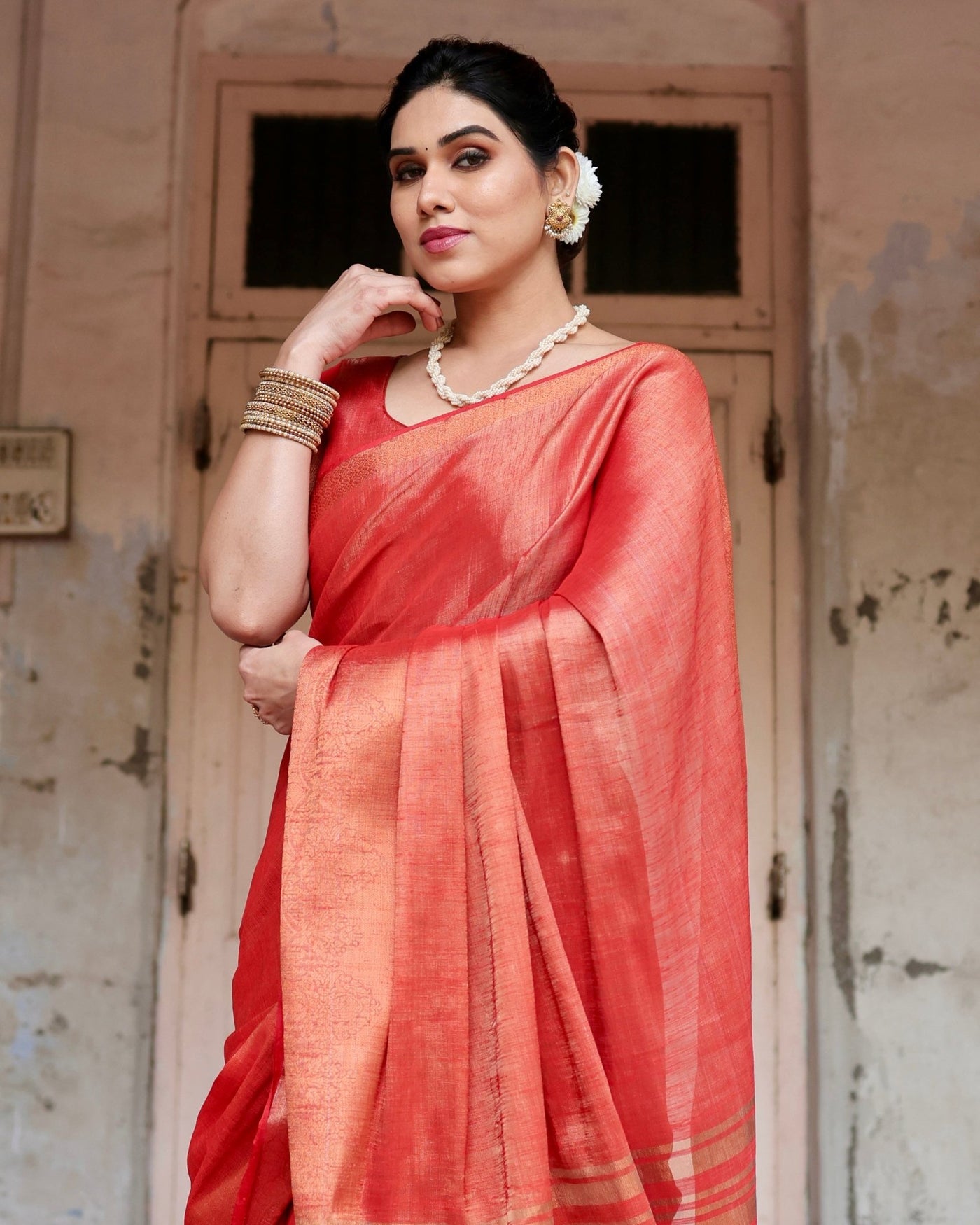 Pure Linen Saree Weaved With Zari Comes With Tassels - Almaari Fashion