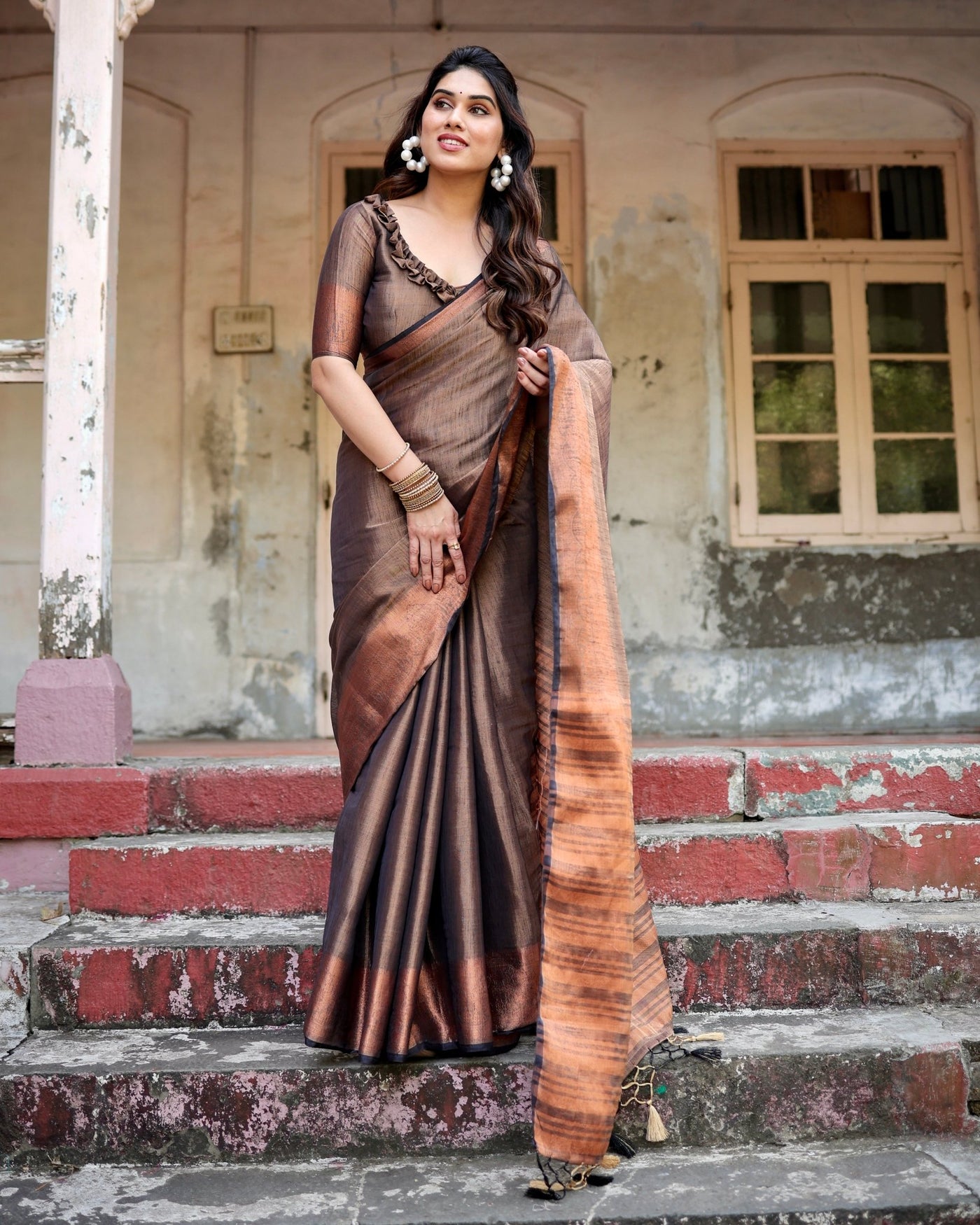 Pure Linen Saree Weaved With Zari Comes With Tassels - Almaari Fashion