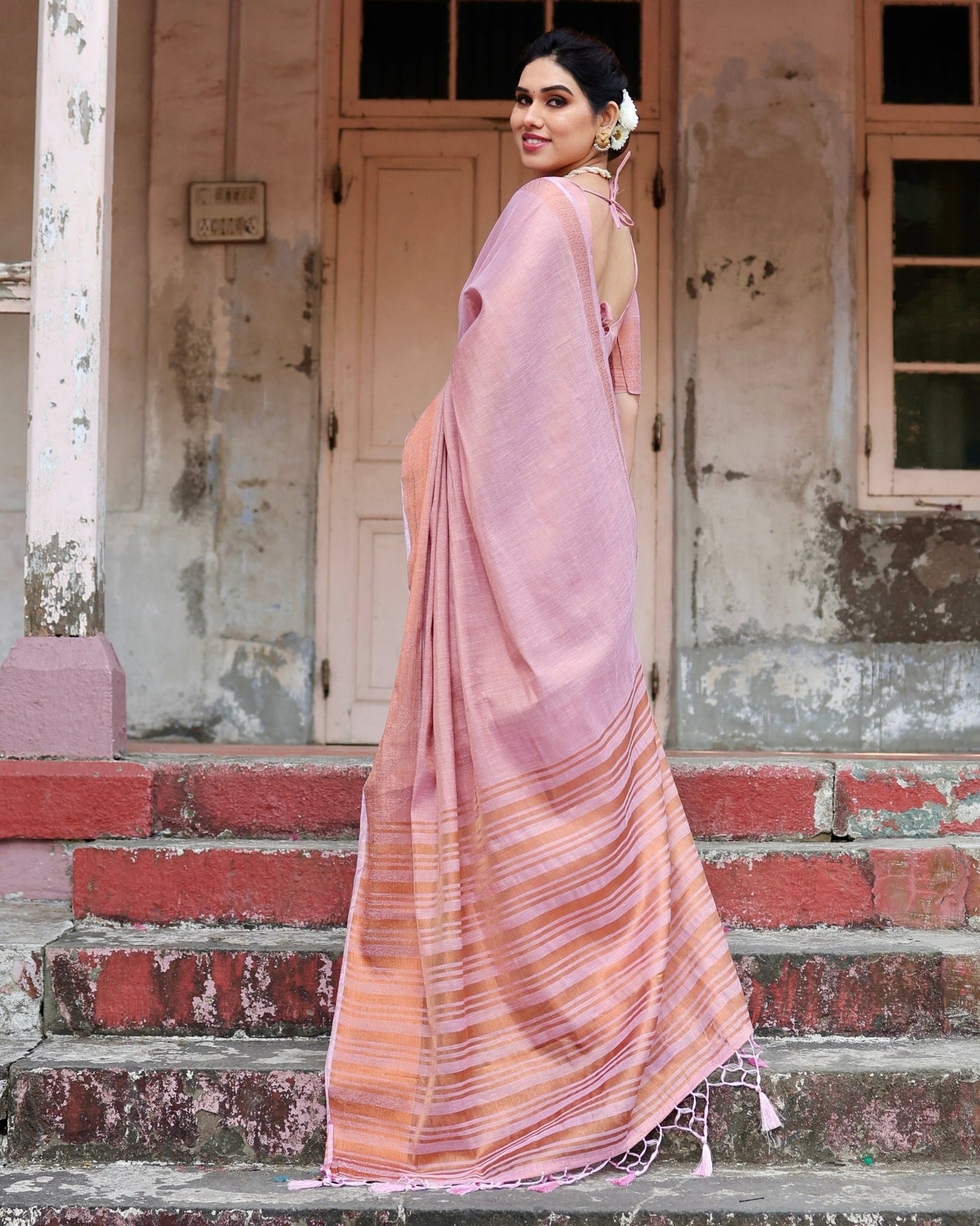 Pure Linen Saree Weaved With Zari Comes With Tassels - Almaari Fashion