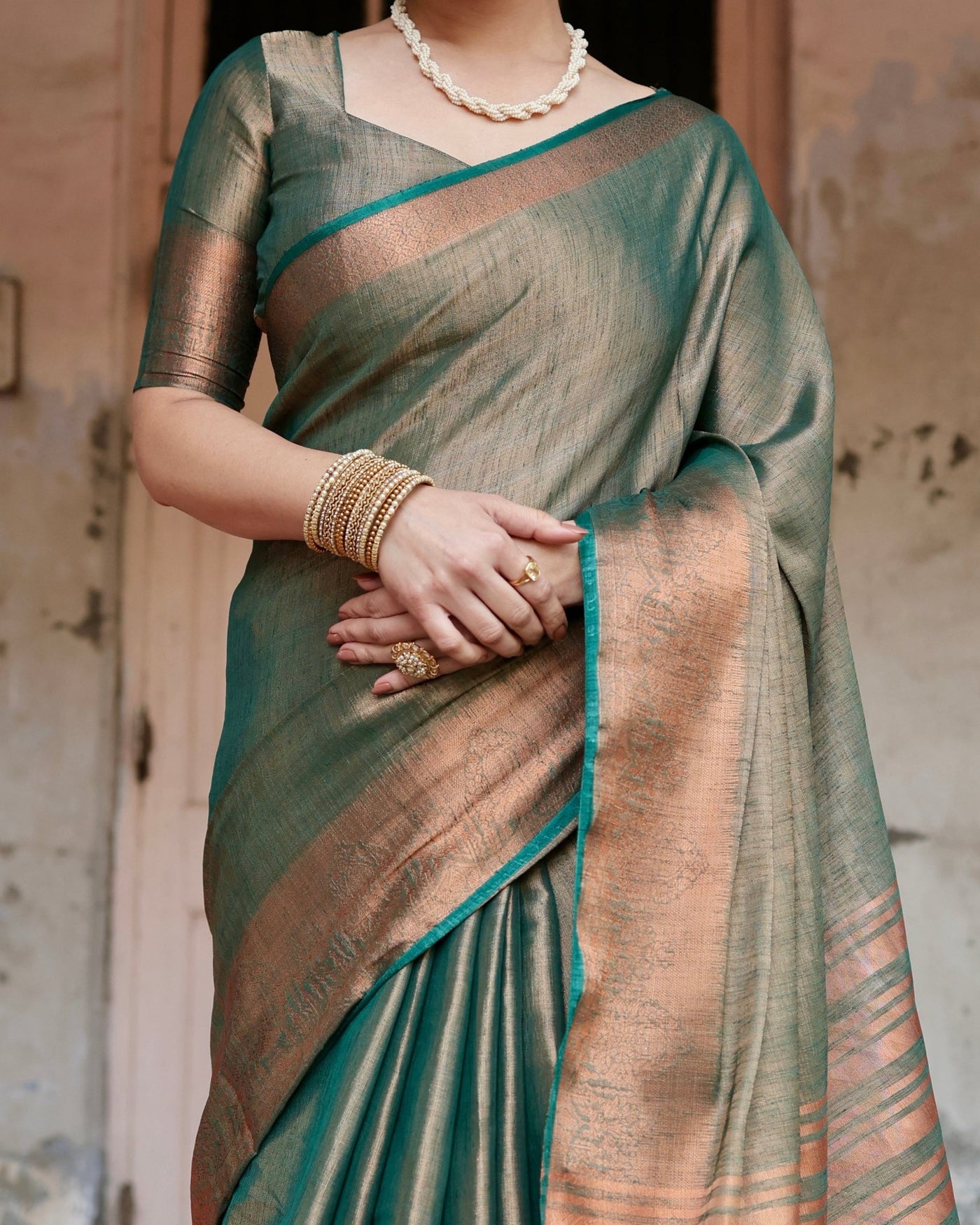 Pure Linen Saree Weaved With Zari Comes With Tassels - Almaari Fashion