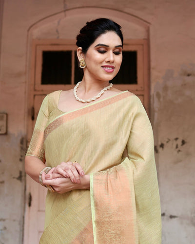 Pure Linen Saree Weaved With Zari Comes With Tassels - Almaari Fashion