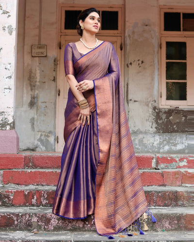 Pure Linen Saree Weaved With Zari Comes With Tassels - Almaari Fashion