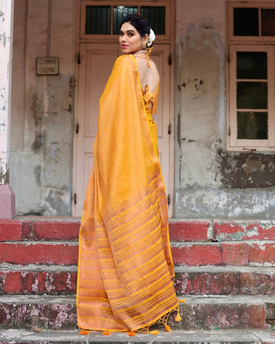 Pure Linen Saree Weaved With Zari Comes With Tassels - Almaari Fashion