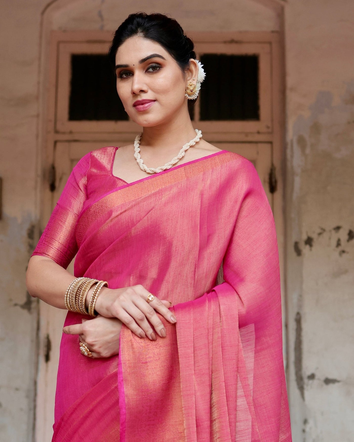 Pure Linen Saree Weaved With Zari Comes With Tassels - Almaari Fashion