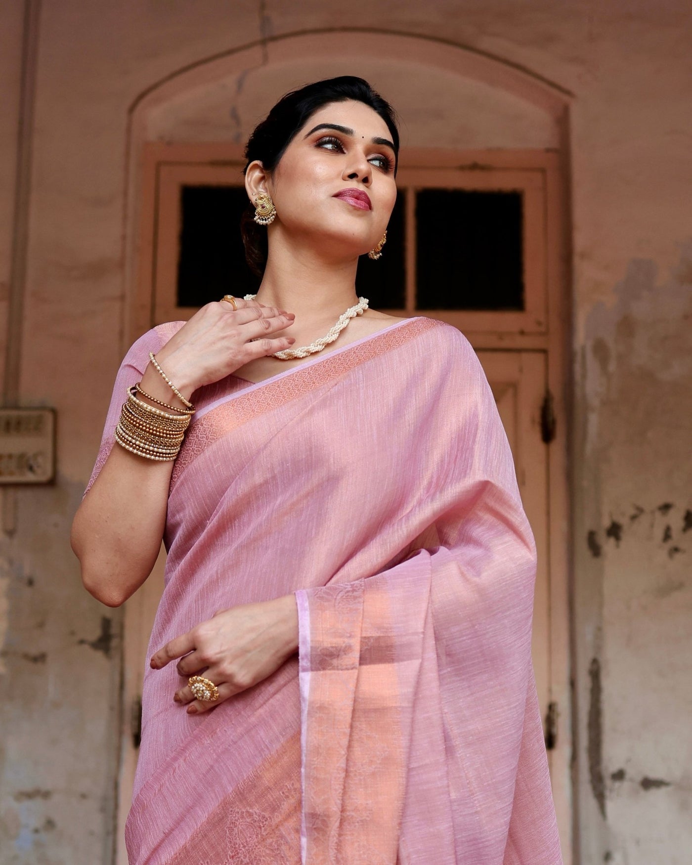 Pure Linen Saree Weaved With Zari Comes With Tassels - Almaari Fashion