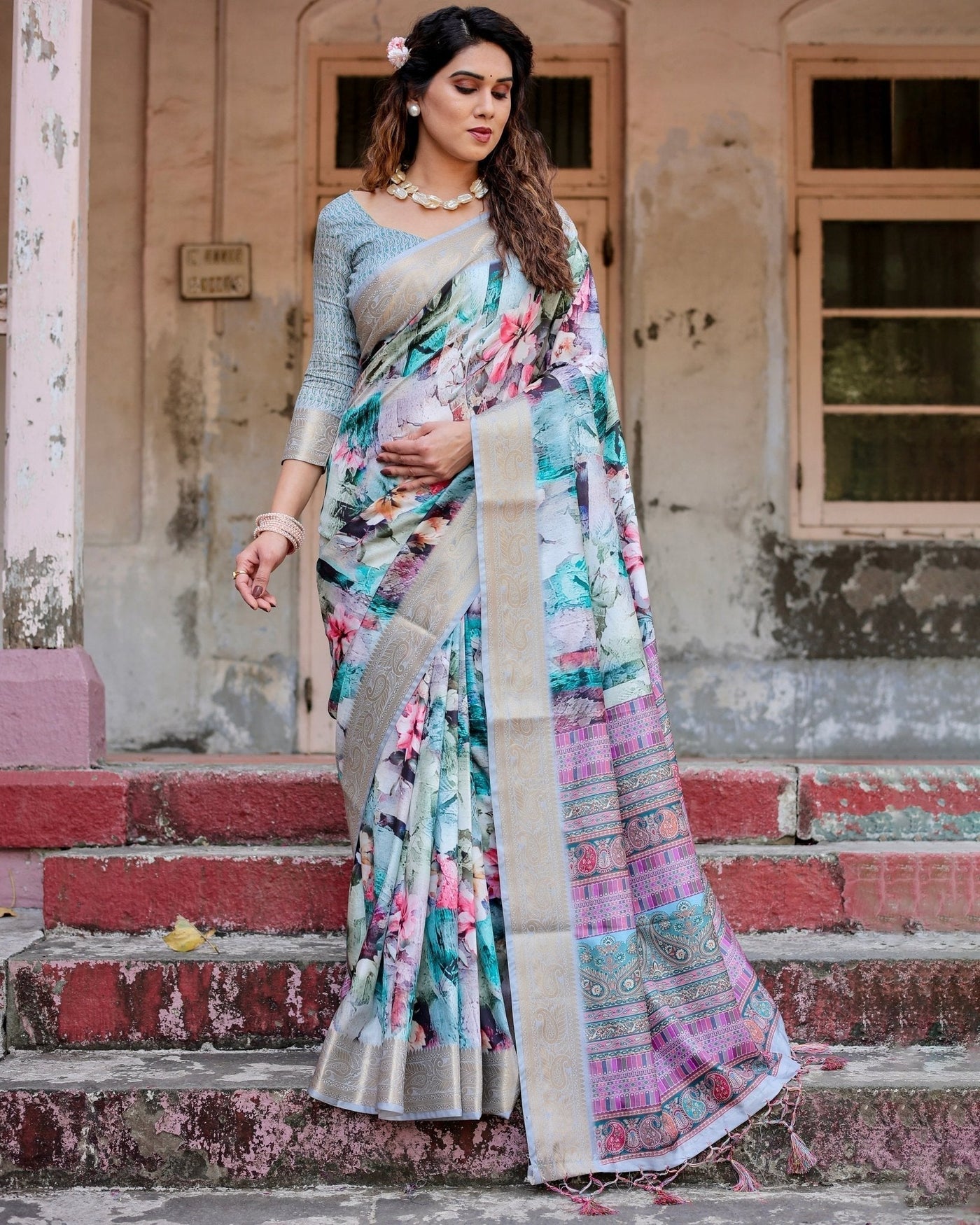 Pure Silk Digitally Printed Saree Weaved With Golden Zari Comes With Tassels - Almaari Fashion