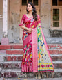 Magenta Tussar Silk Saree with Artistic Peacock & Floral Kalamkari Design