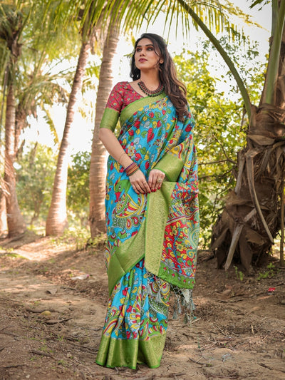 Pure Silk Digitally Printed Saree Weaved With Golden Zari Comes With Tassels - Almaari Fashion