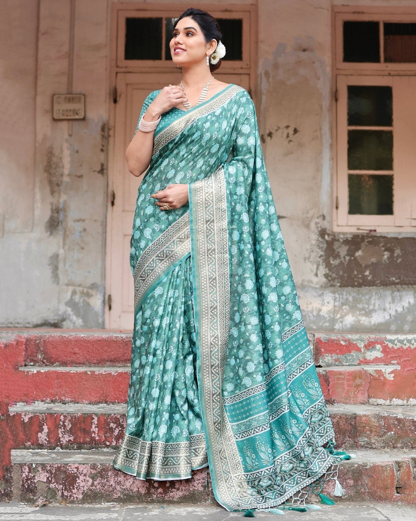 Pure Silk Digitally Printed Saree Weaved With Golden Zari Comes With Tassels - Almaari Fashion