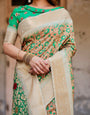 Emerald Green and Gold Banarasi Silk Saree with Floral and Ornamental Motifs