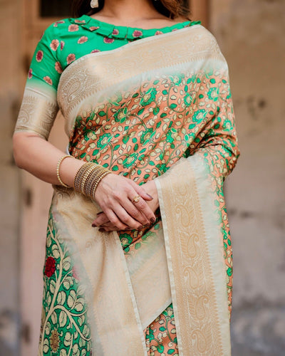 Pure Silk Digitally Printed Saree Weaved With Golden Zari Comes With Tassels - Almaari Fashion