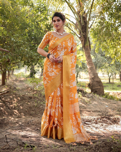 Pure Silk Digitally Printed Saree Weaved With Golden Zari Comes With Tassels - Almaari Fashion