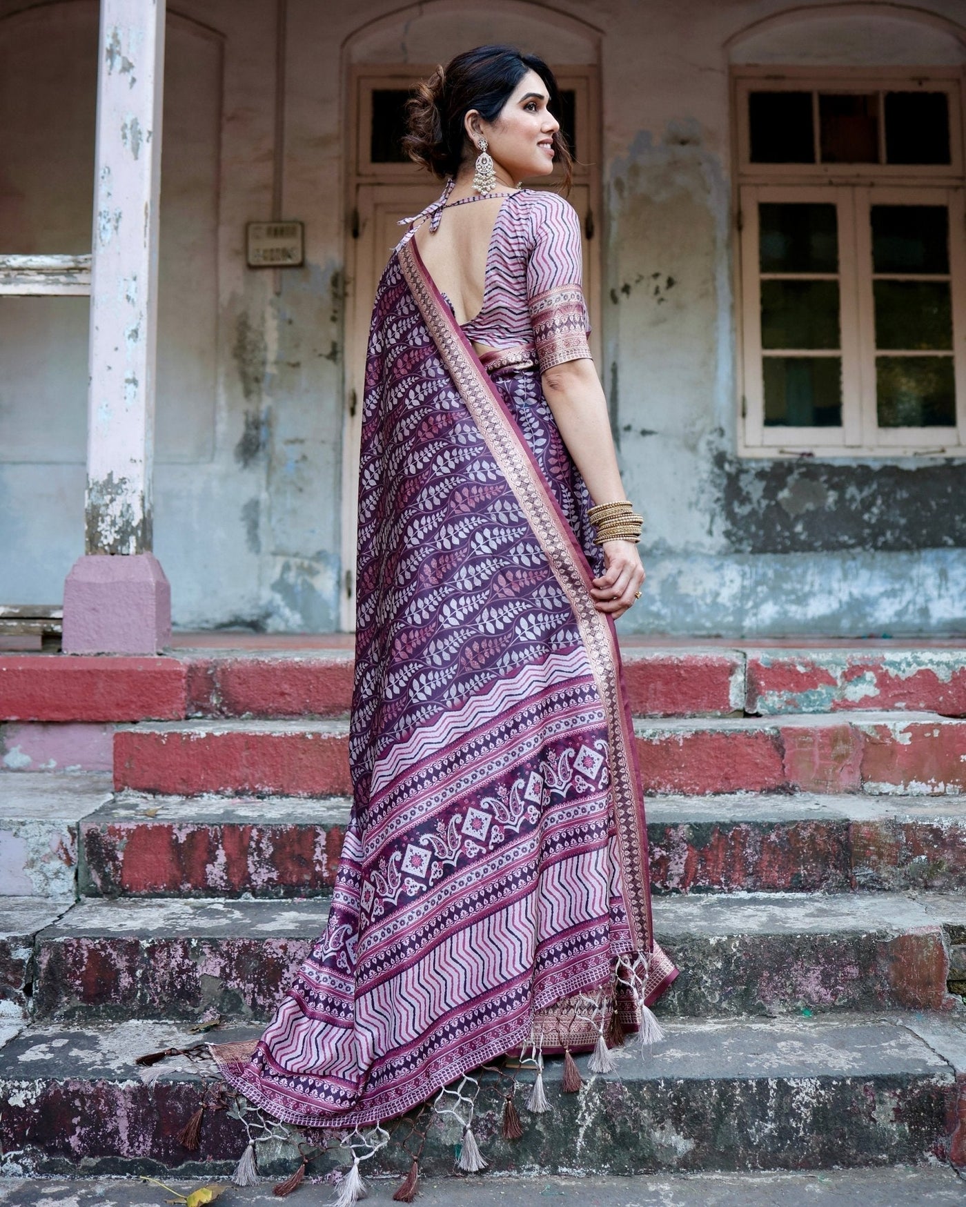 Pure Silk Digitally Printed Saree Weaved With Golden Zari Comes With Tassels - Almaari Fashion