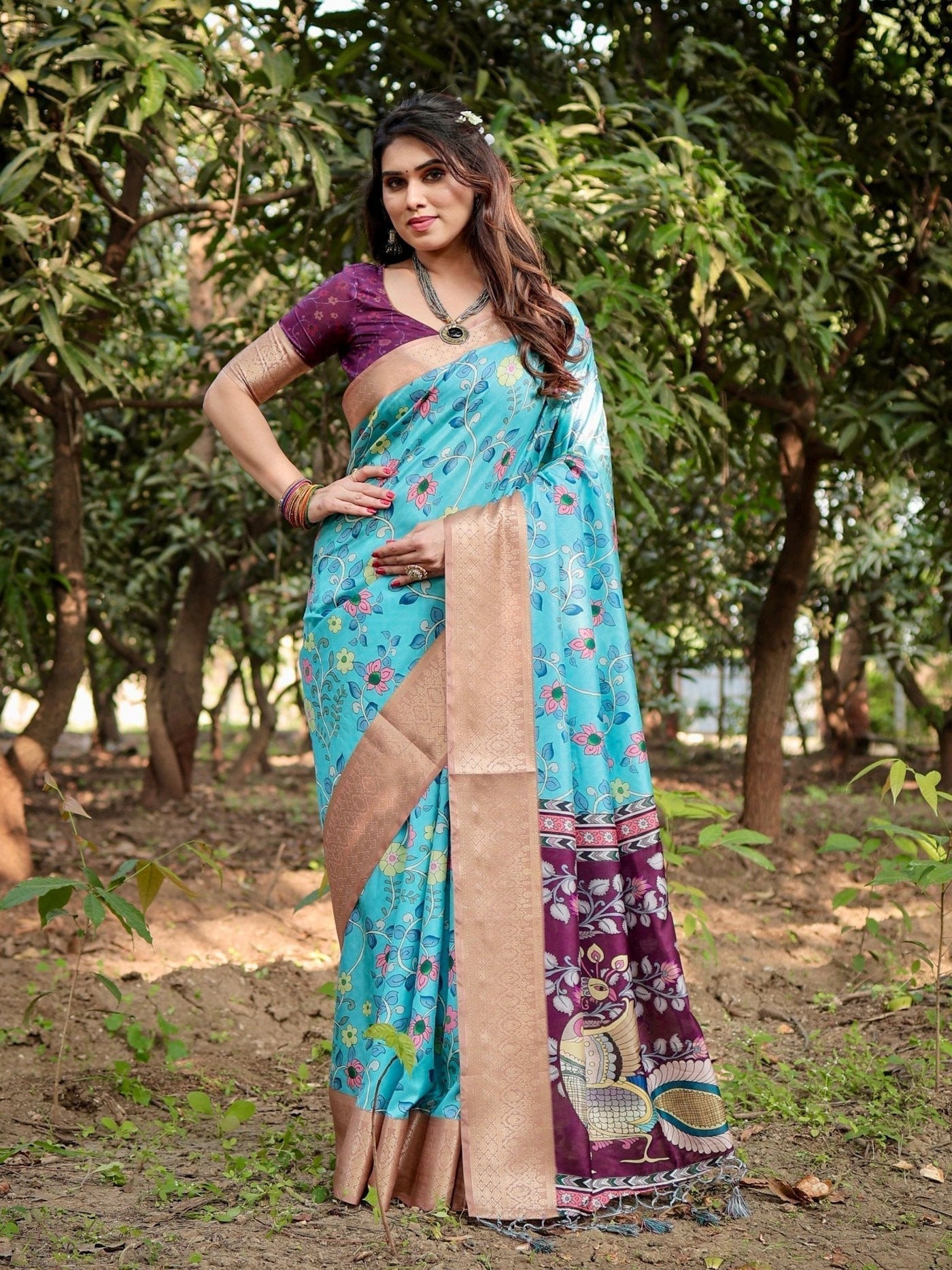 Pure Silk Digitally Printed Saree Weaved With Golden Zari Comes With Tassels - Almaari Fashion