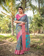 Pastel Grey and Turquoise Digital Print Banarasi Silk Saree with Pink Zari Border and Peacock Motif Pallu