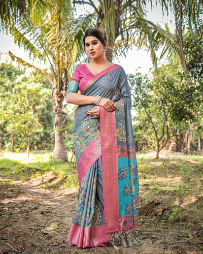 Pure Silk Digitally Printed Saree Weaved With Golden Zari Comes With Tassels - Almaari Fashion