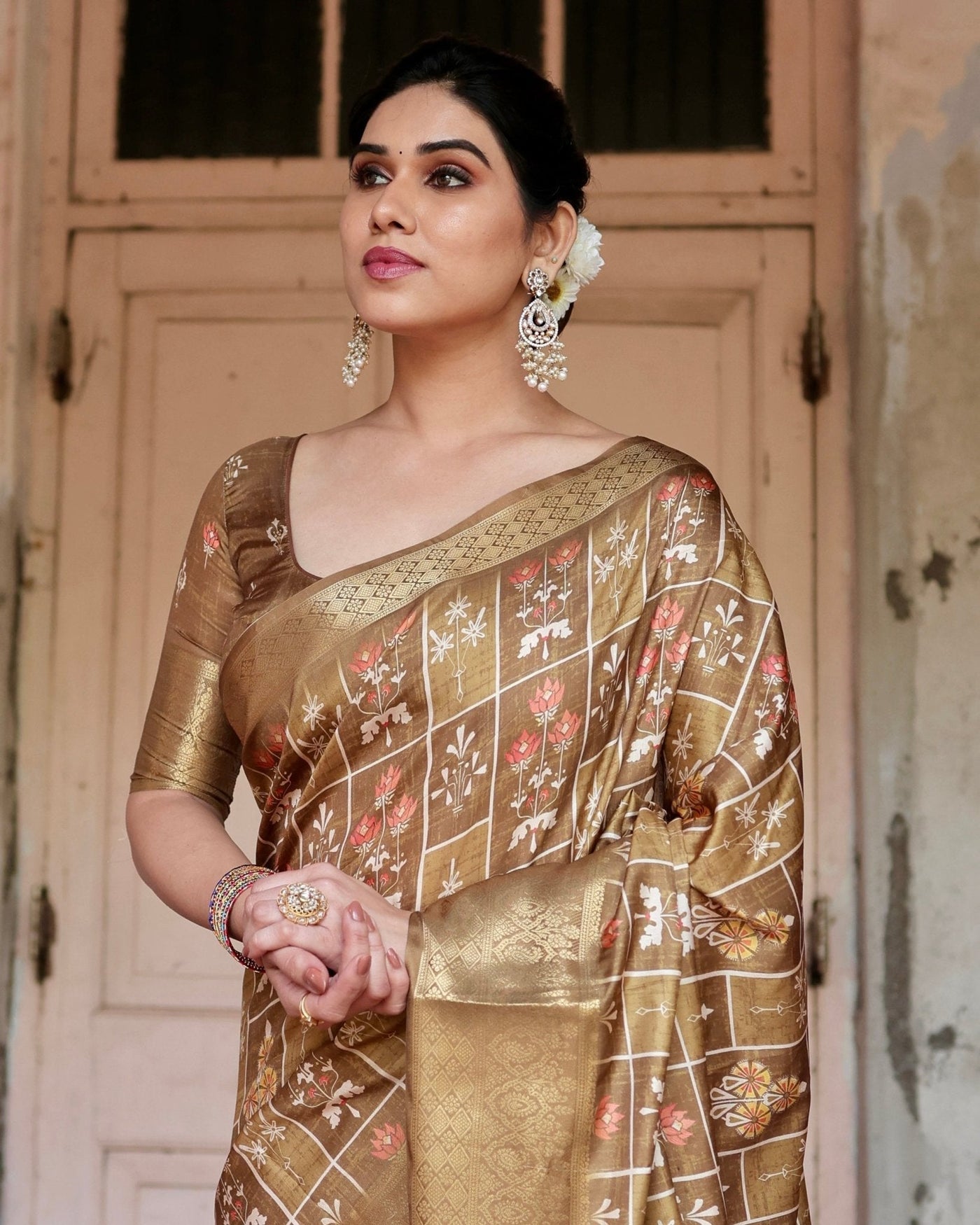 Pure Silk Digitally Printed Saree Weaved With Golden Zari Comes With Tassels - Almaari Fashion