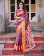 Wine Purple and Orange Tussar Silk Saree with Floral Motifs and Artistic Pallu